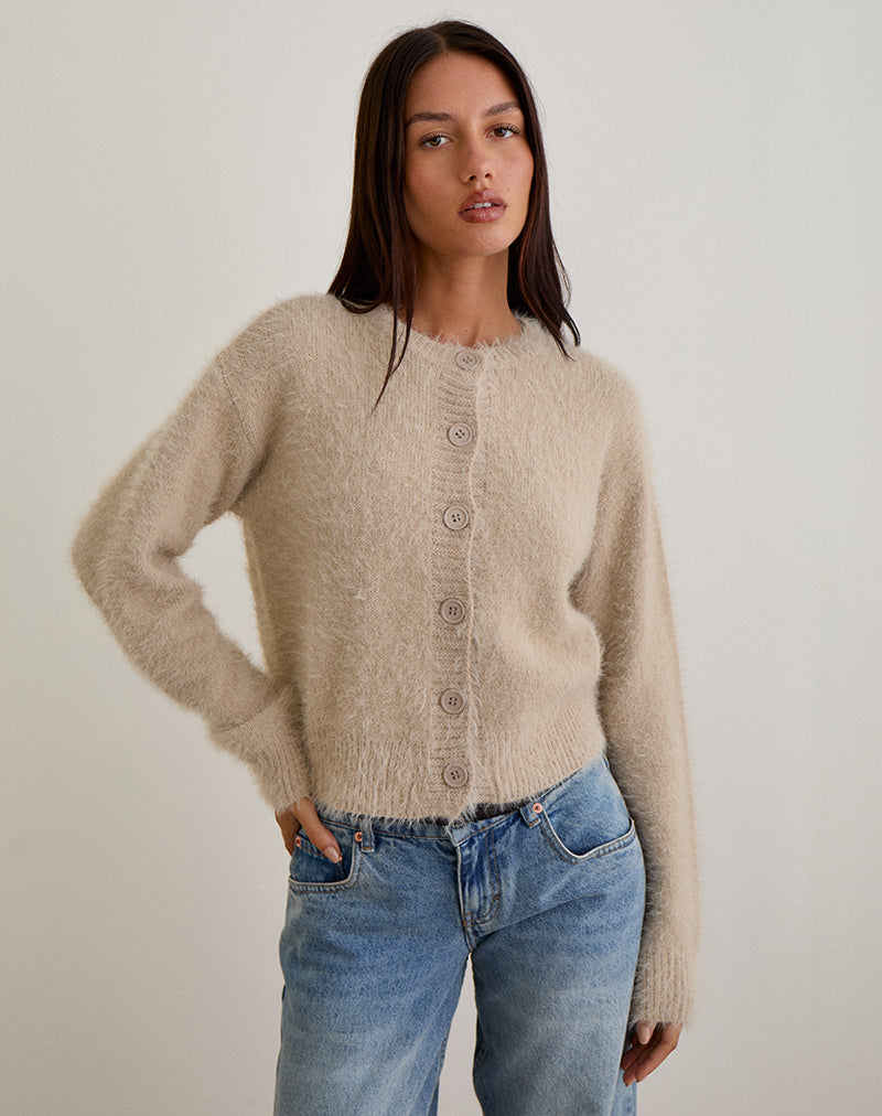Audrina Cardigan in Fluffy Knit Beige
