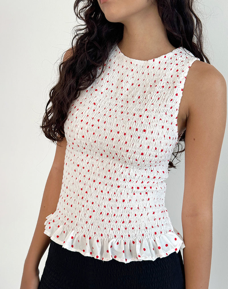 BIRITA SHIRRD TANK TOP WHT RED POLKADOT