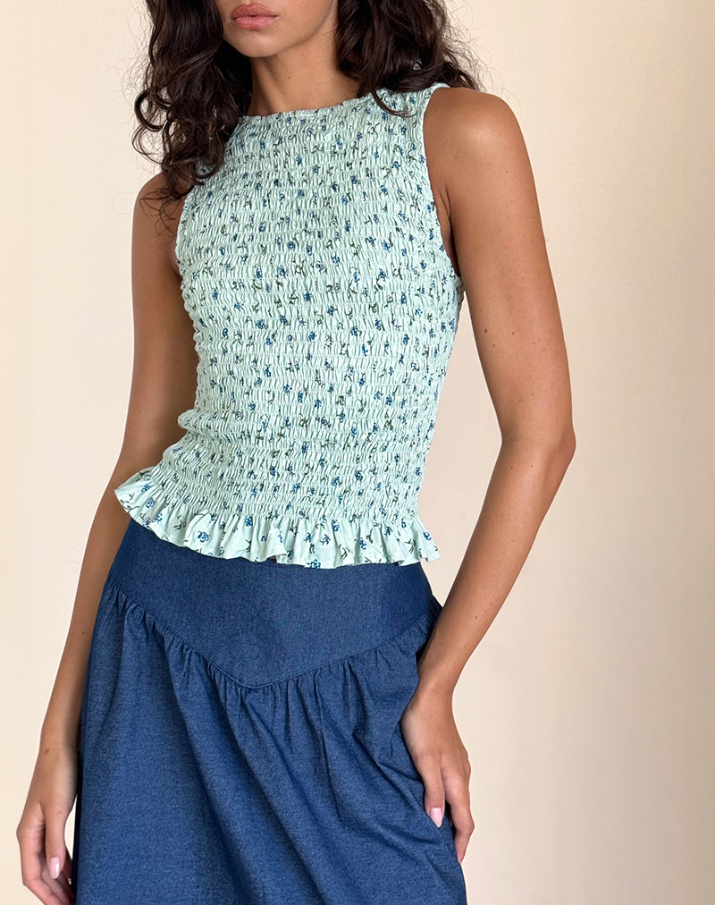 BIRITA SHIRRED TOP PRETTY PETAL GREEN