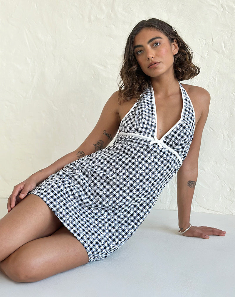 CORLA MINI DRESS BLACK FLORAL GINGHAM