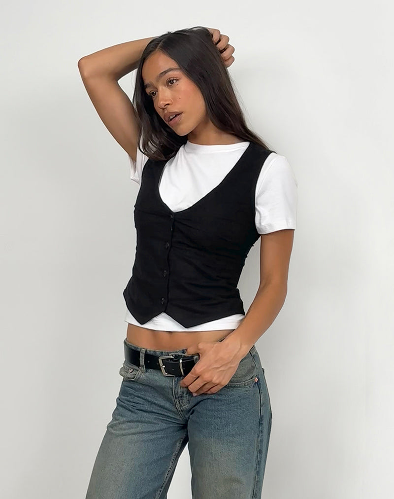 CYNA BUTTON THRU VEST LINEN BLACK