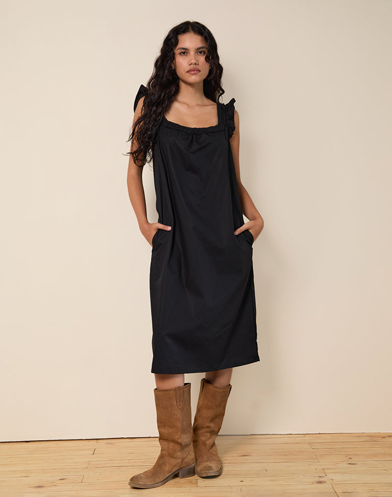 MERRILY SMOCK MIDI DRESS POPLIN BLACK