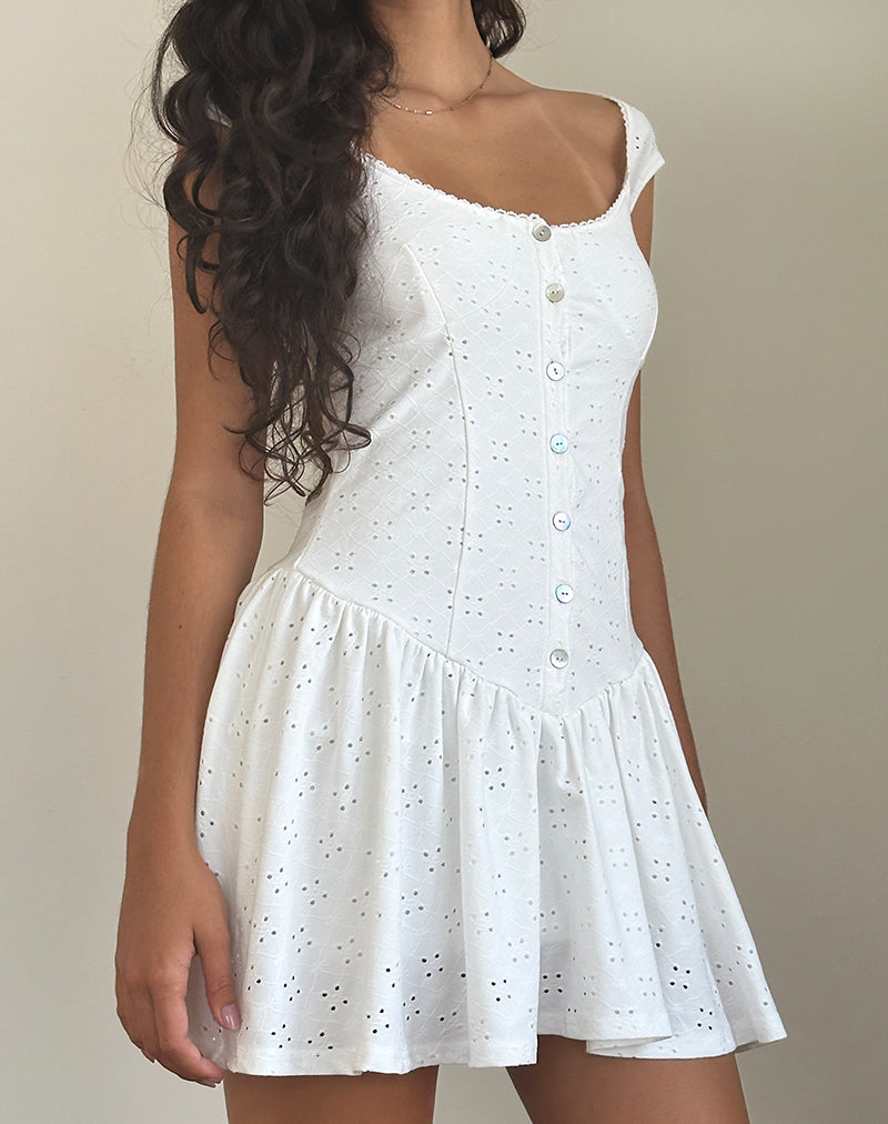 MISTY MINI TEA DRESS BRODERIE WHITE