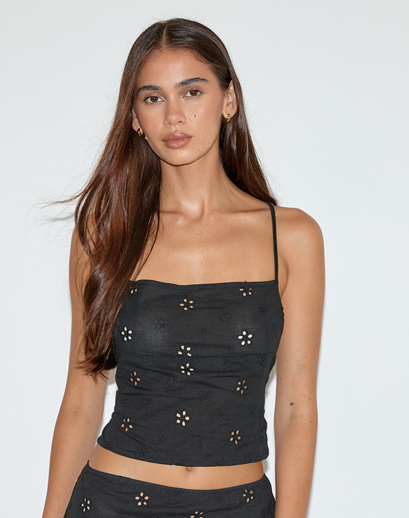 NOBITA HALTER TOP FLOWER BRODERIE BLACK