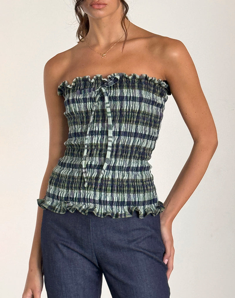 RIGIA BANDEAU TOP LINEN MONO CHCK GREEN