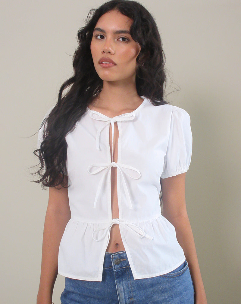 RYOTA TIE FRONT BLOUSE WHITE W WHTE BIN