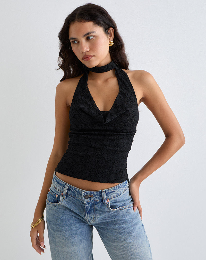 SAMWELL HLTR TOP PAISLEY LACE BLACK