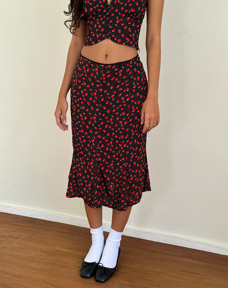SIMA MIDI SKIRT STRAWBERRY POLKA BLACK