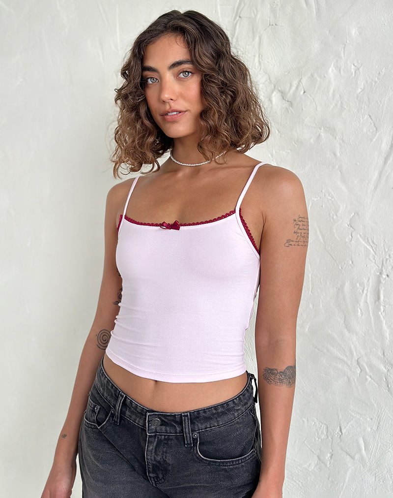 SUNA VEST TOP LIGHT PINK BURGUNDY TRIM