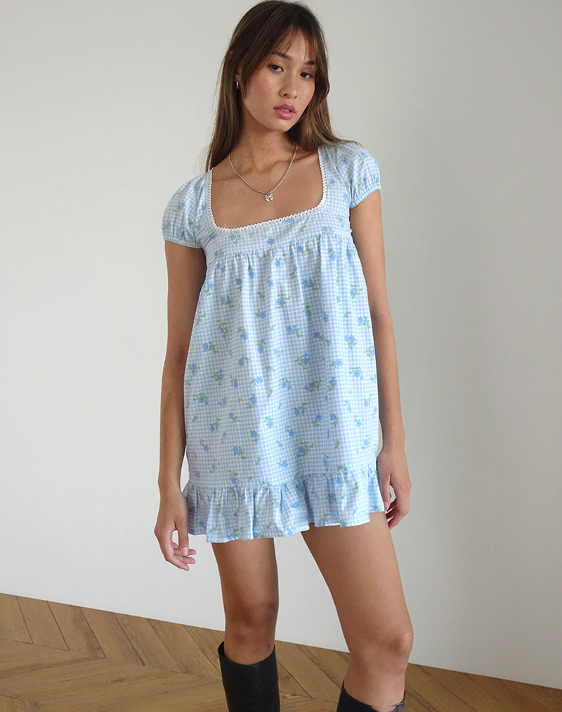 TRIM MINI DRESS BLUE FLOWER GINGHAM