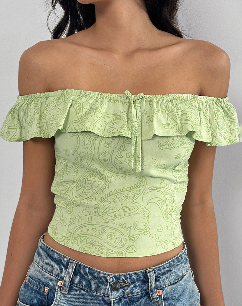 YOKAI BARDOT TOP RETRO PAISLEY LIME