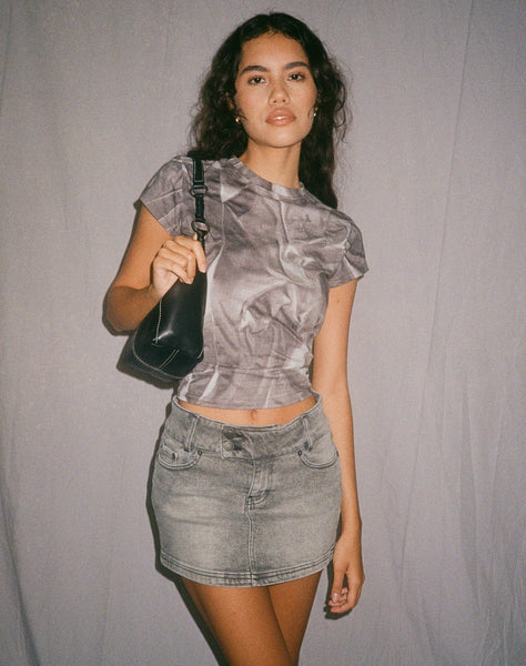 image of Low Rise Denim Mini Skirt in Grey Wash