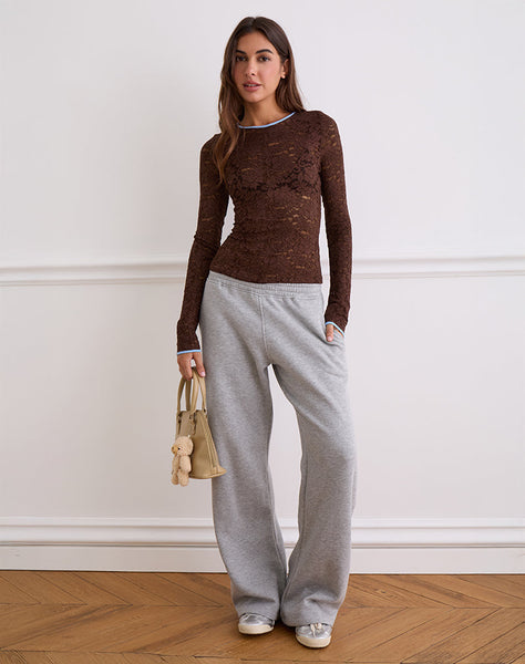 Image of Abon Long Sleeve Top in Lace Brown with Blue Binding