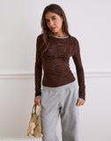 Image of Abon Long Sleeve Top in Lace Brown with Blue Binding