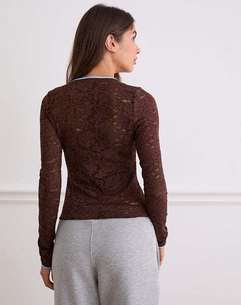 Image of Abon Long Sleeve Top in Lace Brown with Blue Binding