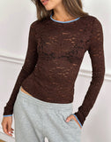 Image of Abon Long Sleeve Top in Lace Brown with Blue Binding