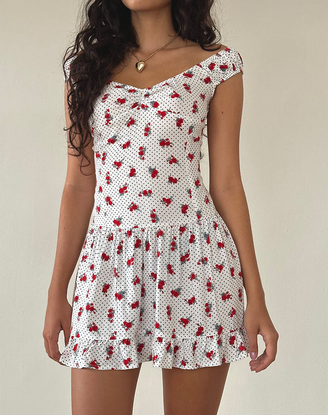 Image of Aca Bardot Mini Dress in White Rose Polka