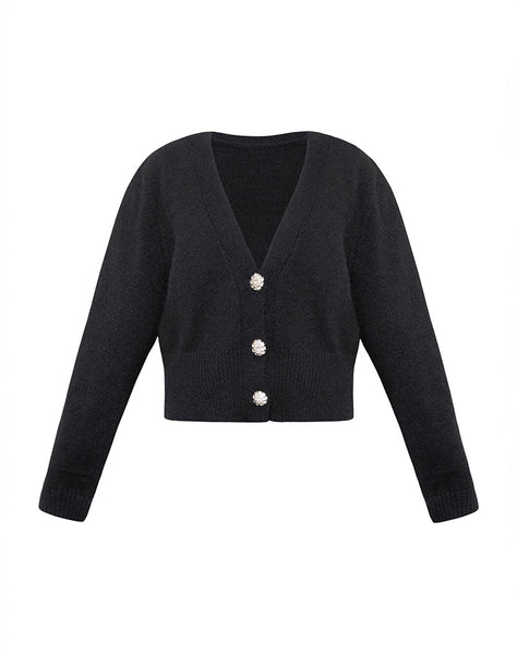 Image of Acera Knitted Cardigan in Black with Silver Flower Buttons