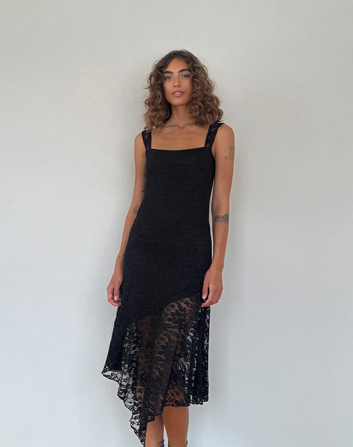 Image of Adeliza Asymmetric Midi Dress in Floral Lace Jet Black