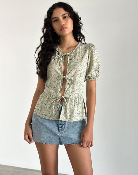 Sauva Tie Front Top in Pretty Floral Light Sage