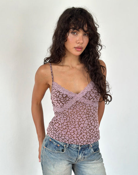 Image of Alcesta Top in Brown Flock Mesh with Pink Heart Print