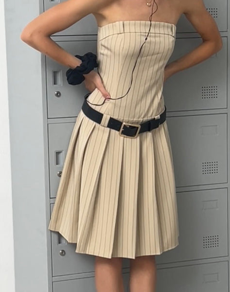 Image of Aldari Bandeau Midi Dress in Tailoring Tan Pinstripe