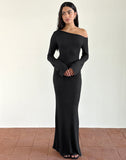 image of Aldiana Long Sleeve Asymmetric Maxi Dress in Sheer Knit Black