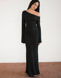 image of Aldiana Long Sleeve Asymmetric Maxi Dress in Sheer Knit Black