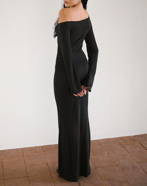 image of Aldiana Long Sleeve Asymmetric Maxi Dress in Sheer Knit Black