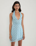 Image of Alira Halterneck Dress in Blurred Check Blue
