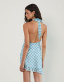 Image of Alira Halterneck Dress in Blurred Check Blue