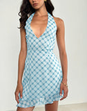 Image of Alira Halterneck Dress in Blurred Check Blue