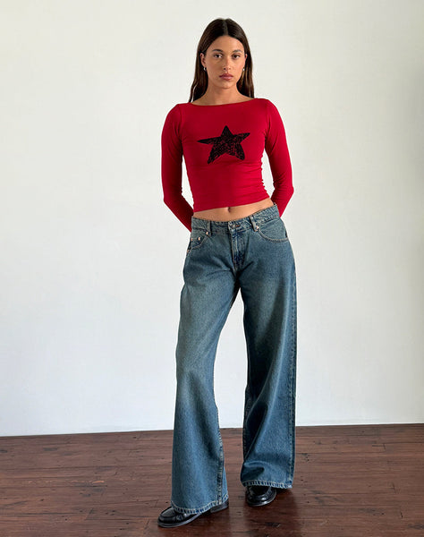 Image of Amabon Long Sleeve Top in Adrenaline Red with Black Star