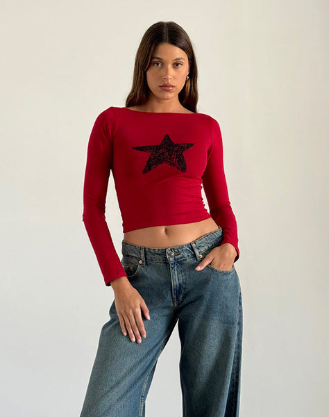 Image of Amabon Long Sleeve Top in Adrenaline Red with Black Star