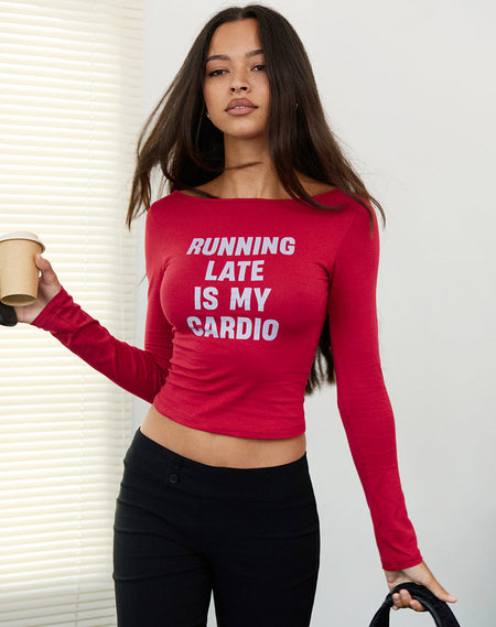 Rinea Tee Top in Bitter Chocolate with Violet Binding and Running Late Slogan