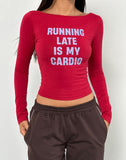 Image of Amabon Long Sleeve Top in Adrenaline Red with Running Late Slogan