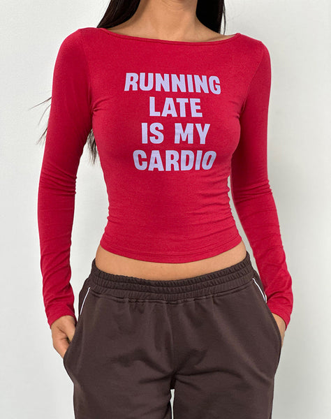 Image of Amabon Long Sleeve Top in Adrenaline Red with Running Late Slogan