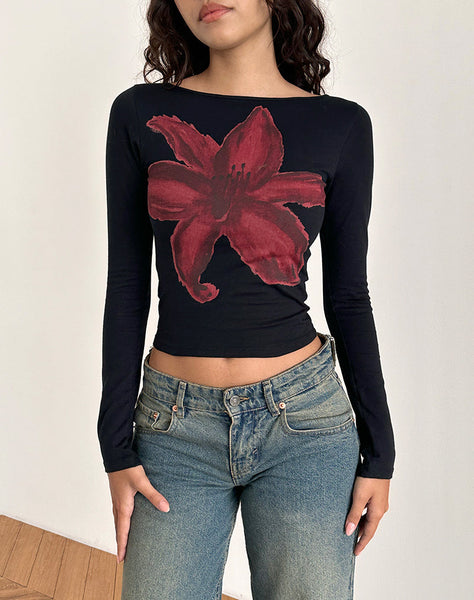 Image of Amabon Long Sleeve Top in Black with Burgundy Painted Flower