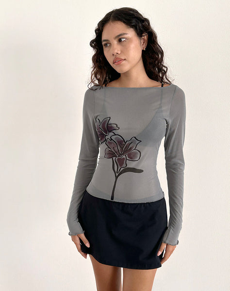 Image of Amabon Long Sleeve Top in Dark Grey with Burgundy Lily