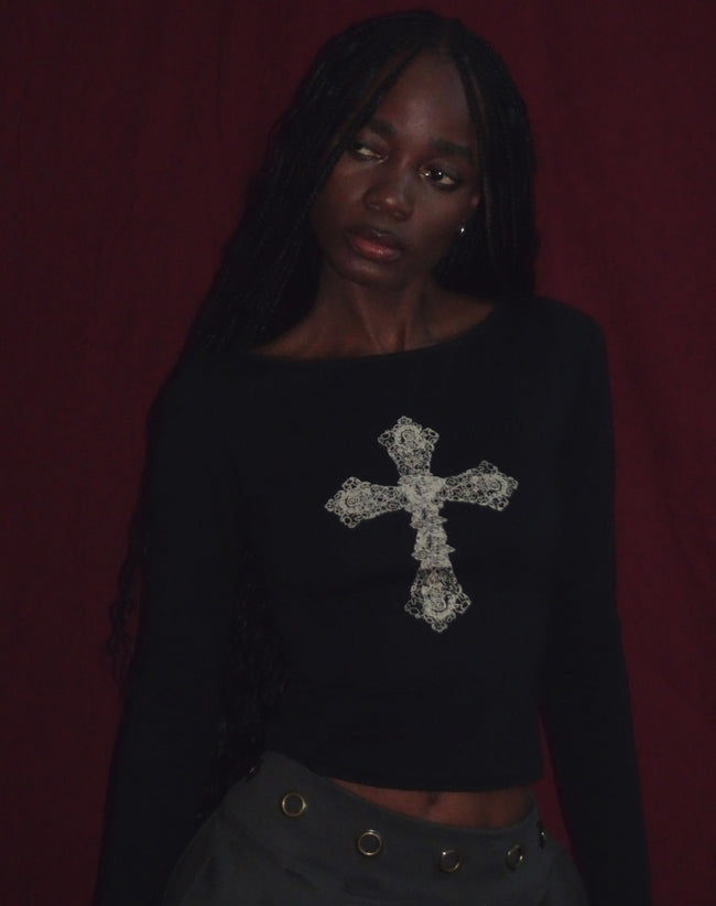 Image of Amabon Top in Black with Cross Motif