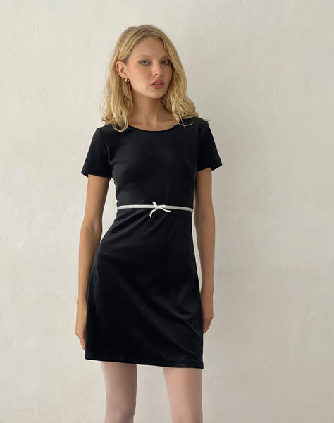 Image of Amanda Mini Dress in Black Velvet with White Trim and Bow