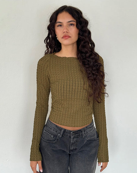 Allegra Long Sleeve Top in Textured Moss Green Lace