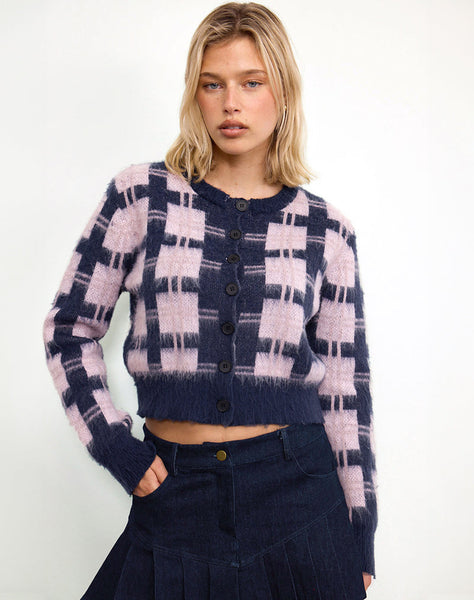 Image of Anzio Button Up Cardi In Multi Check Navy and Pink