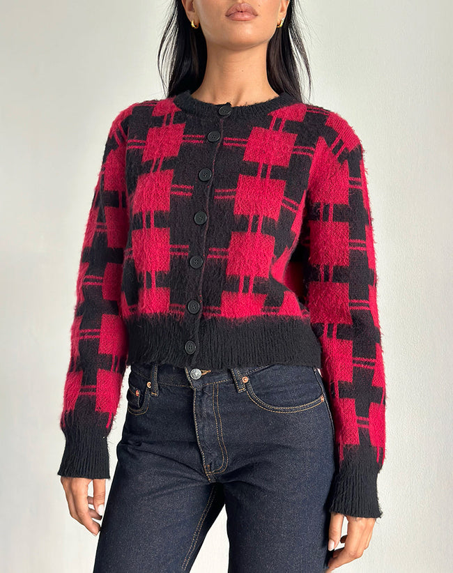 Image of Anzio Cardigan in Black and Red Check Knit