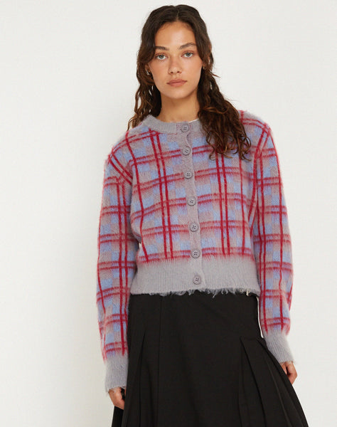 image of Anzio Button Up Cardi in Multi Check Grey Blue and Red