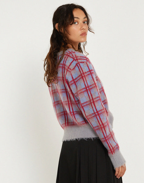 image of Anzio Button Up Cardi in Multi Check Grey Blue and Red