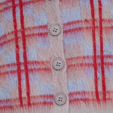 Anzio Button Up Cardigan in Multi Check Grey Blue and Red