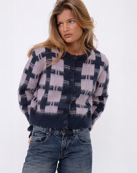 Image of Anzio Button Up Cardi In Multi Check Navy and Pink