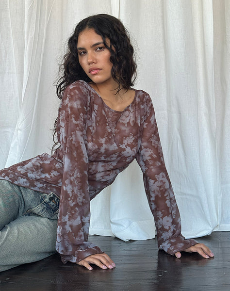 Image of Arcelia Long Sleeve Mesh Top in Botanical Shadow Brown