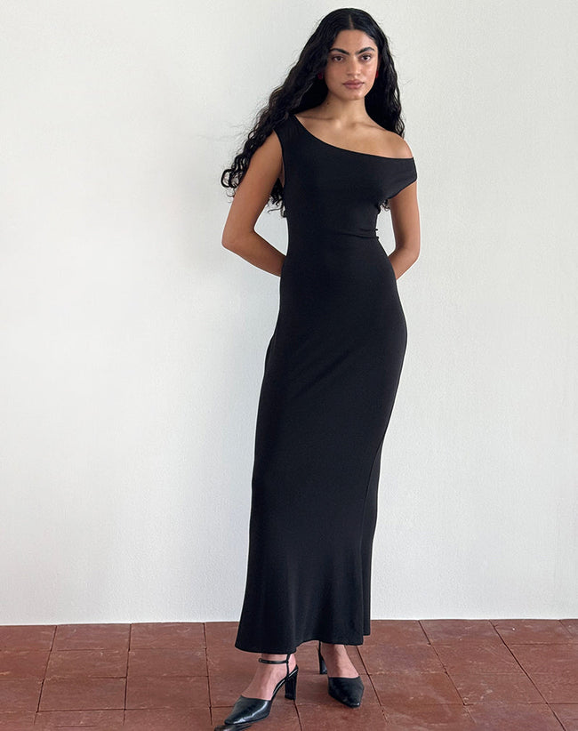 image of Ardita Asymmetrical Rib Knit Maxi Dress in Black